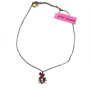 BETSEY JOHNSON Vintage Crystal Spider & Rose Charm Necklace Rare Retired NEW NWT